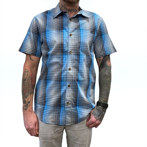 Oakley Plaid Blue Grey Short Sleeve Buttondown MED - Picture 1 of 7